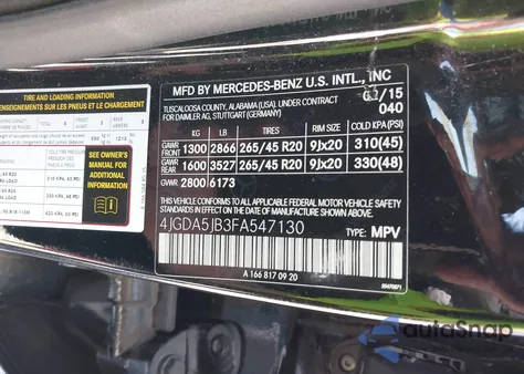 2015 Mercedes-Benz Ml 350 350 from USA, damaged, VIN 4JGDA5JB3FA547130